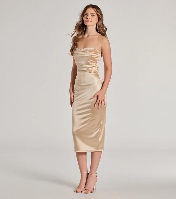 One To Remember Strapless Pleated Satin Midi Dress