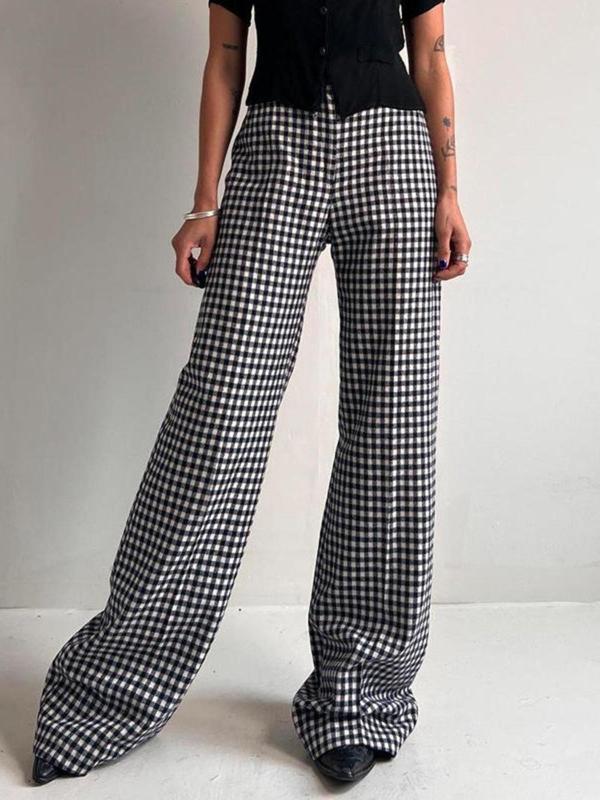 Women's Plaid Print Button Fly Wide Leg Pants, Casual Comfy Pocket Design Trousers for Daily Wear, Ladies Bottoms for All Seasons