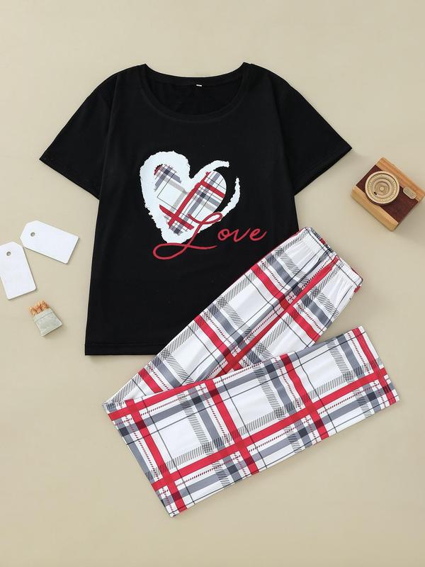 Two-Piece Set Women's Heart Print Short Sleeve Tee & Plaid Print Pants Pyjama Set, Letter Print Round Neck T-Shirt & Elastic Waist Trousers PJ Set, Casual Comfy Sleepwear Set for Women