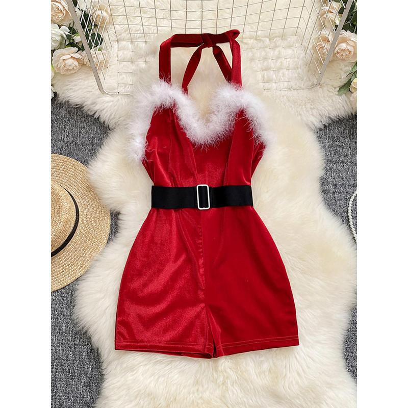 Women's Christmas Cosplay Costume Lingerie Rompers Plush Trim Christmas Party Cosplay Jumpsuits Playsuits