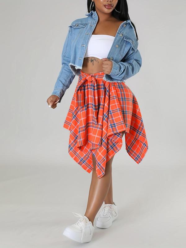 [Plus Size] Plaid Print Asymmetrical Hem Skirt, Casual Knee Length Skirt for Fall & Winter, Women's Bottoms for Daily Wear Womenswear Comfort