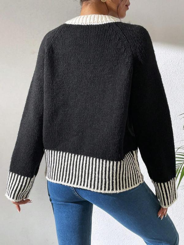 Women's Striped Print Contrast Binding Raglan Sleeve Cardigan, Casual Long Sleeve Open Front Knitwear for Fall & Winter, Fashion Women's Knit Clothing for Daily Wear