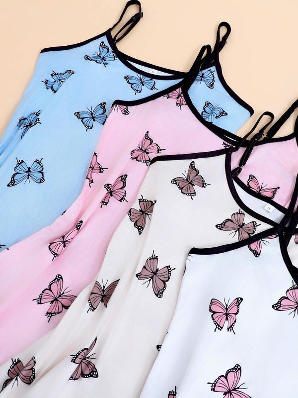 Women's Butterfly Print Contrast Binding Cami Nightdress, Lady Casual Lettuce Trim Sleeveless Spaghetti Strap Nightgown, Soft Comfy Sleepwear Loungewear Homewear for All Seasons, Womenswear