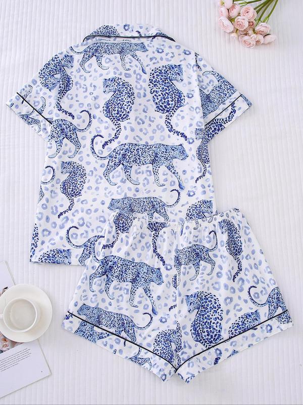 Two-piece Set Women's Animal Print Pocket Shirt & Elastic Waist Shorts Pajama, Casual Comfy Short Sleeve Collared Top & Shorts Pajama Set, Ladies Sleepwear for All Seasons