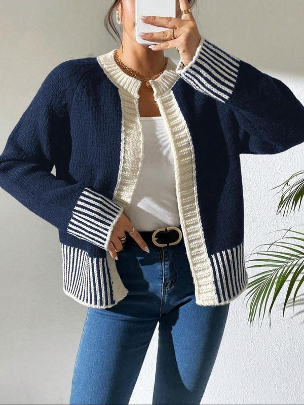 Women's Striped Print Contrast Binding Raglan Sleeve Cardigan, Casual Long Sleeve Open Front Knitwear for Fall & Winter, Fashion Women's Knit Clothing for Daily Wear