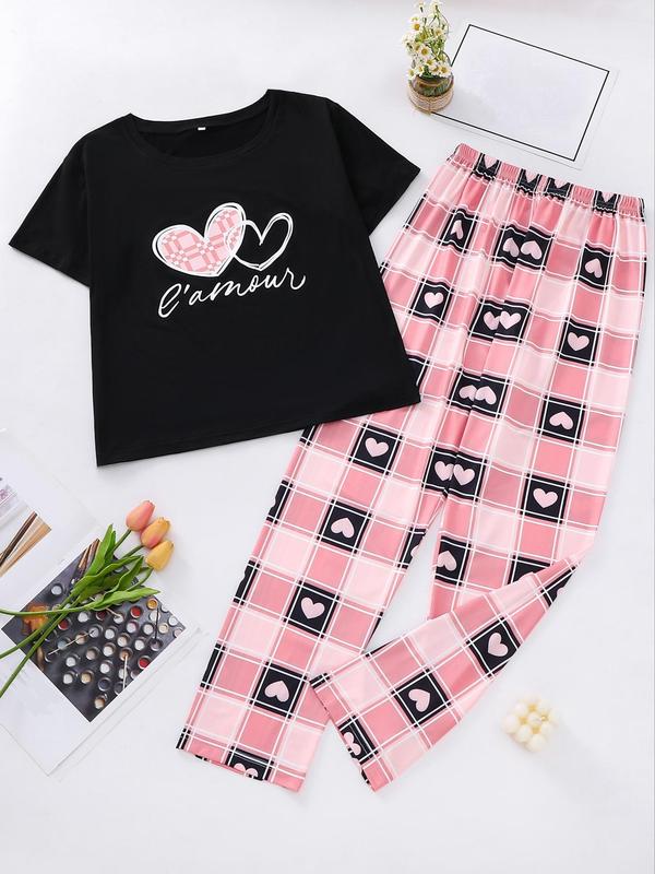 Two-Piece Set Women's Heart Print Short Sleeve Tee & Plaid Print Pants Pyjama Set, Letter Print Round Neck T-Shirt & Elastic Waist Trousers PJ Set, Casual Comfy Sleepwear Set for Women