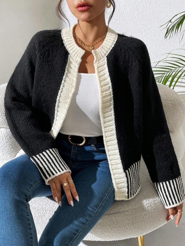 Women's Striped Print Contrast Binding Raglan Sleeve Cardigan, Casual Long Sleeve Open Front Knitwear for Fall & Winter, Fashion Women's Knit Clothing for Daily Wear