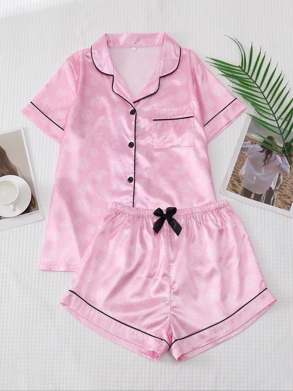 2 Counts Soft Satin Women's Rose Print Pajama Set, Summer Lounge Set, Comfort Lapel Button Front Shirt & Bow Decor Pj Shorts Homewear Set, Pajama Sets Women, Sleepwear Loungewear Pajamas