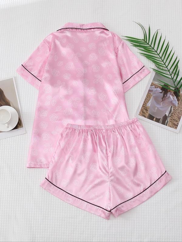 2 Counts Soft Satin Women's Rose Print Pajama Set, Summer Lounge Set, Comfort Lapel Button Front Shirt & Bow Decor Pj Shorts Homewear Set, Pajama Sets Women, Sleepwear Loungewear Pajamas