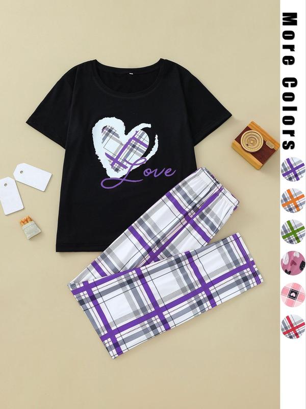 Two-Piece Set Women's Heart Print Short Sleeve Tee & Plaid Print Pants Pyjama Set, Letter Print Round Neck T-Shirt & Elastic Waist Trousers PJ Set, Casual Comfy Sleepwear Set for Women