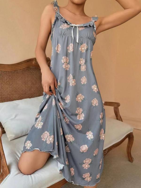 Women's Floral Print Bow Decor Ruffle Trim Cami Nightdress, Casual Soft Comfortable Sleeveless Nightgown for Summer, Ladies Sleepwear for Daily Wear