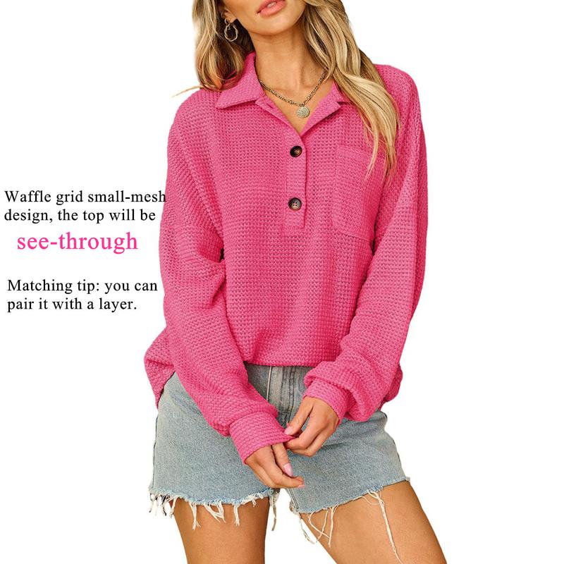 EVALESS Women's Waffle Henley Shirts V Neck Long Sleeve Oversized Hollow Out Solid Color Button Lapel Blouses Tunic Top 2024 Casual Outfit Clothing