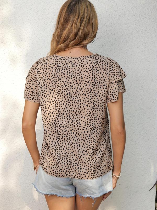 Women's Leopard Print Layered Butterfly Sleeve Blouse, Fashion Casual Round Neck Top for Daily Outdoor Wear, Ladies Clothes for All Seasons