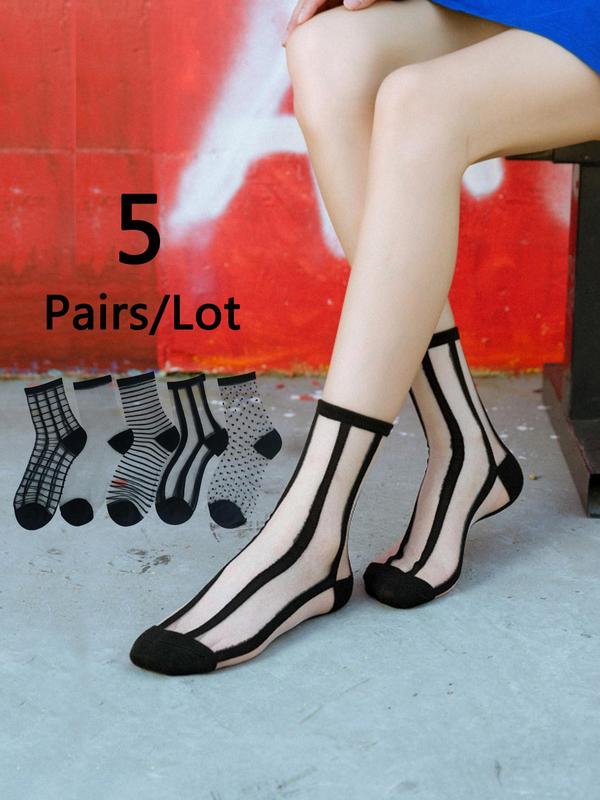 Women's 5 Pairs Contrast Mesh Sheer Crew Socks, Breathable Comfy Socks for Daily Wear, Multipack Knit Socks for All Seasons