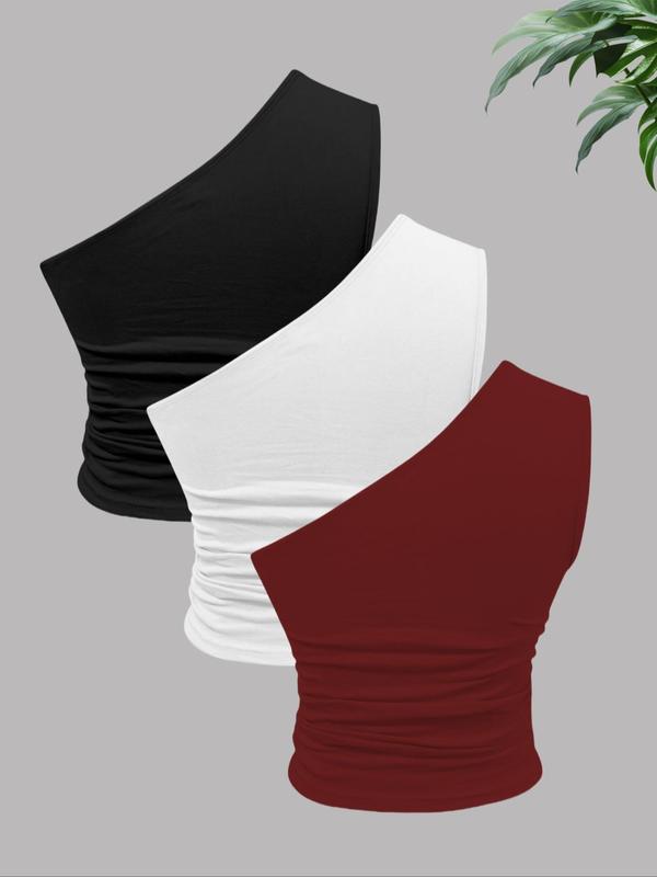 Women's Solid Ruched Asymmetrical Neck Tank Top, Casual Sleeveless Top for Fall & Winter, Ladies Clothes for Daily Wear