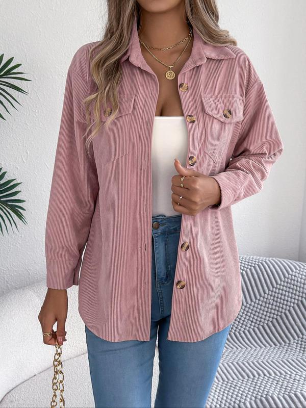 Women's Solid Button Front Corduroy Jacket, Casual Drop Shoulder Long-sleeved Outerwear for Fall & Winter, Ladies Clothes for Daily Wear