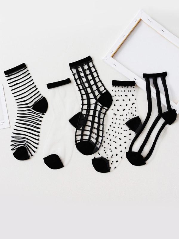 Women's 5 Pairs Contrast Mesh Sheer Crew Socks, Breathable Comfy Socks for Daily Wear, Multipack Knit Socks for All Seasons