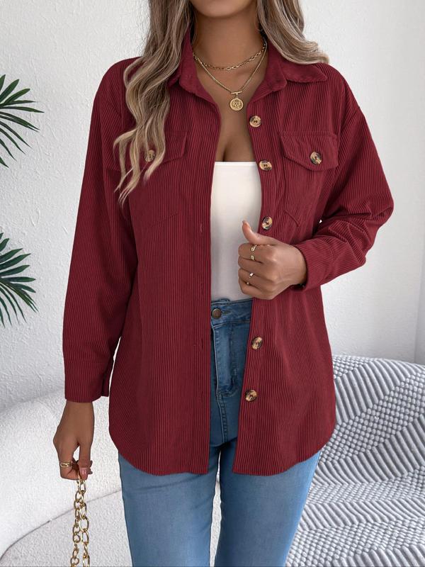 Women's Solid Button Front Corduroy Jacket, Casual Drop Shoulder Long-sleeved Outerwear for Fall & Winter, Ladies Clothes for Daily Wear