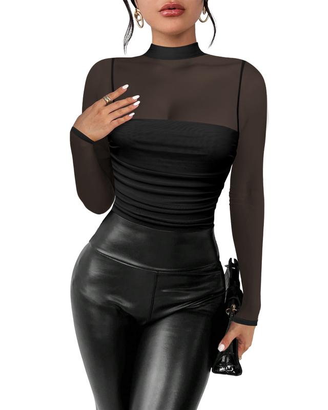 Womens Sexy Mesh long sleeve mock turtle neck ruched bodysuit Trendy Tops