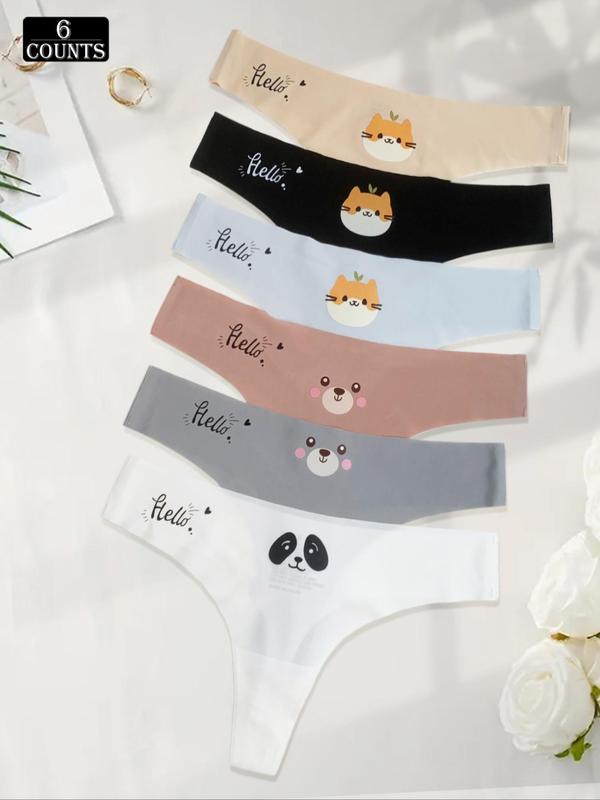 Women's Cartoon Cat & Letter Print Thong, Soft Comfy Breathable Seamless Panty for Daily Wear, Women's Underwear for All Seasons