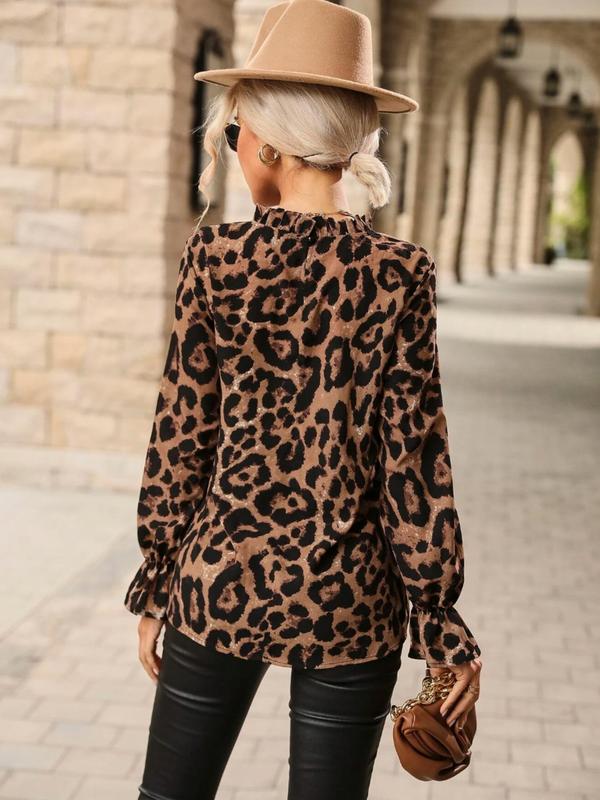 Women's Leopard Print Frill Trim Keyhole Neckline Blouse, Fashion Casual Flounce Sleeve Top for Daily Outdoor Wear, Ladies Clothes for All Seasons