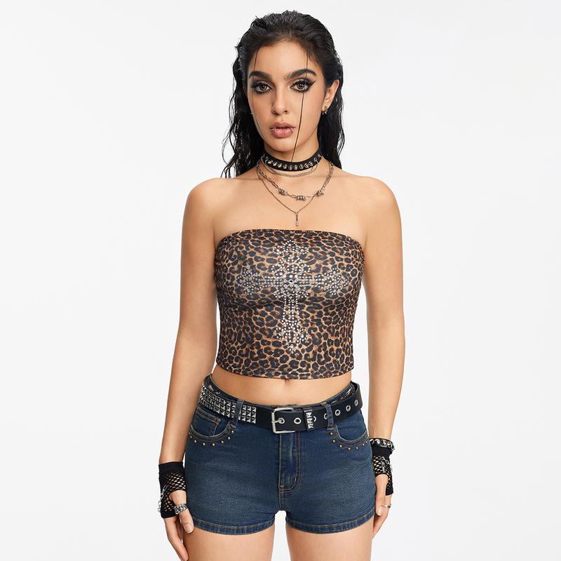 ROMWE Grunge Punk Sexy Leopard Print Strapless Top With Cross & Rhinestone Decoration For Women, Stretchy