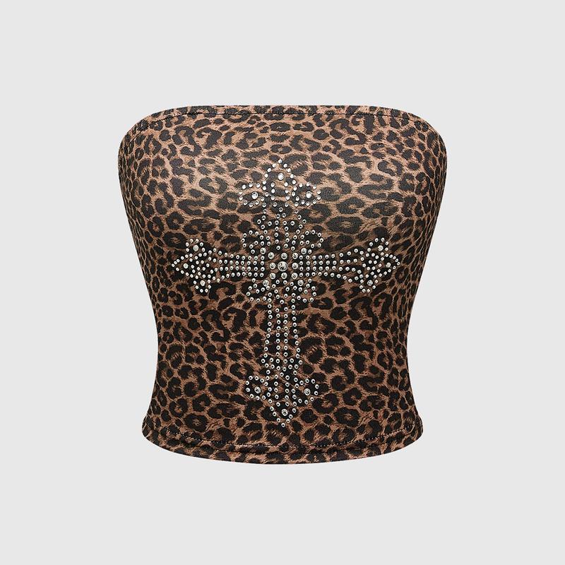 ROMWE Grunge Punk Sexy Leopard Print Strapless Top With Cross & Rhinestone Decoration For Women, Stretchy