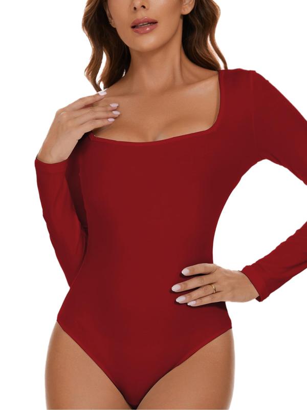 Women's Solid Color Square Neck Button Closure Crotch Shapewear Bodysuit, Casual Comfy Long Sleeve Shaper Bodysuit, Ladies Shapewear for Daily Wear, Fall Wear, Fallfreshness