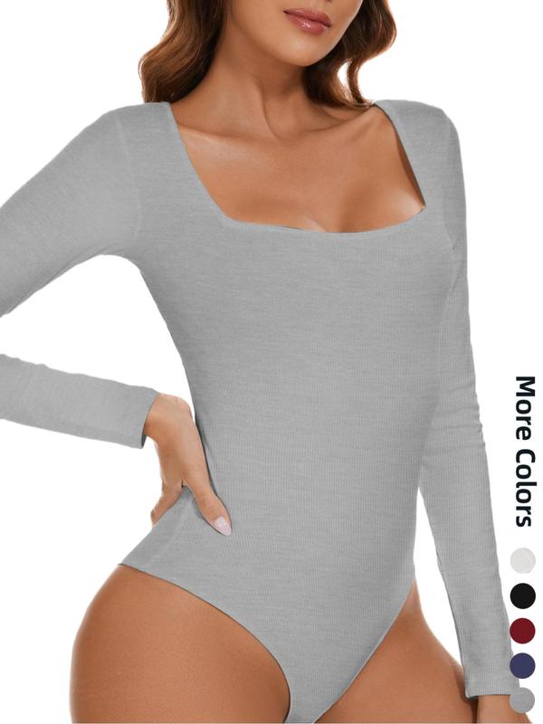 Women's Solid Color Square Neck Button Closure Crotch Shapewear Bodysuit, Casual Comfy Long Sleeve Shaper Bodysuit, Ladies Shapewear for Daily Wear, Fall Wear, Fallfreshness