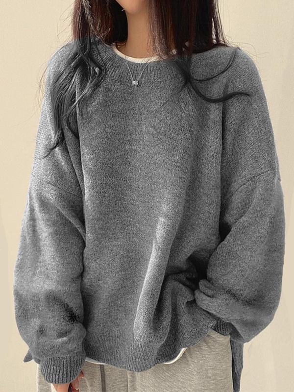 Women's Solid Knitting Split Hem Crewneck Jumper for Spring, Summer Outfits, Casual Comfort Basic Long Sleeve Round Neck Sweater for Daily Outdoor Wear, Back To School Outfits, Minimalist Lady's Knitwear Clothes Top for Fall, Womenswear, Vintage Clothing