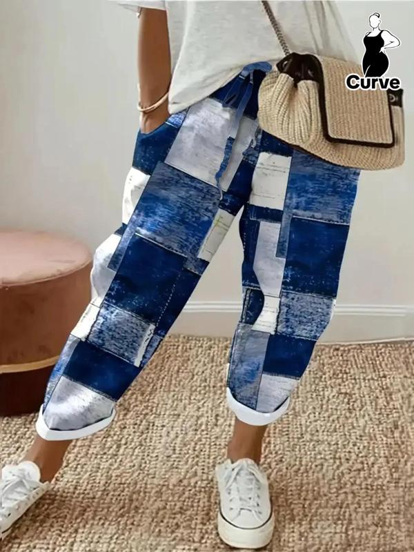  Colorblock Patchwork Print Drawstring Waist Pants, Casual Fashion Pocket Trousers, Women's Summer Bottoms for Daily Wear