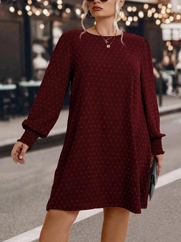  Swiss Dot Print Keyhole Neck Bishop Sleeve Dress, Casual Long Sleeve A Line Dress for Spring & Fall, Women's Clothes for Daily Wear