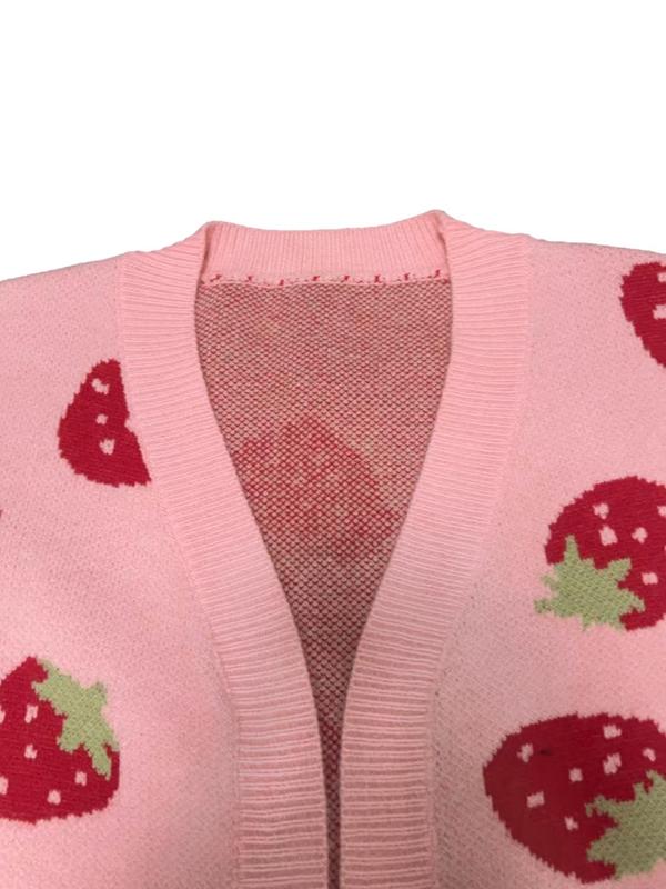  Strawberry Print Drop Shoulder Cardigan, Casual Long Sleeve Open Front Cardigan for Fall & Winter, Cardigans for Women, Women's Clothing for Daily Wear