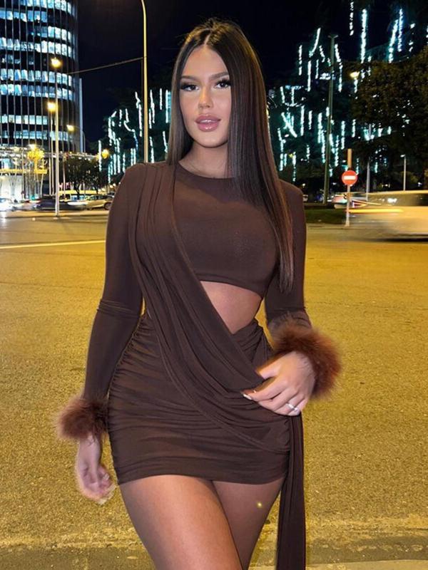 Women's Plain Ruched Cut Out Bodycon Dress, Long Sleeve Round Neck Mini Dress for Party Club Dating Wear, Women's Dress for Spring & Fall