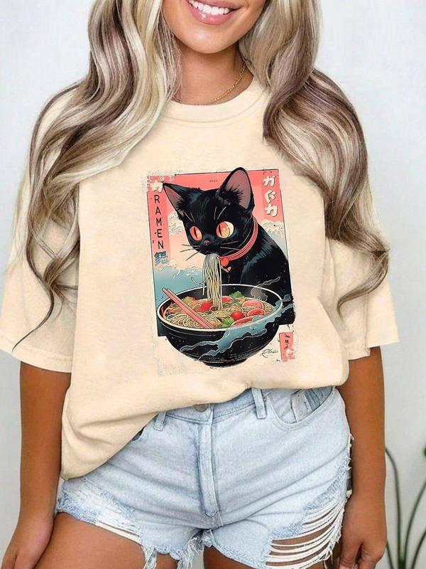 Women's Cartoon Cat & Ramen Print Round Neck Tee, Fashion Casual Drop Shoulder Short Sleeve T-shirt, Ladies Summer Clothes for Daily Wear