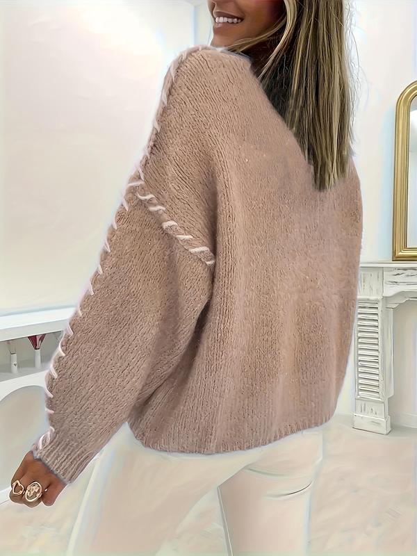 Women's Contrast Binding Drop Shoulder Sweater, Casual Long Sleeve Round Neck Jumper for Fall, Fall Outfits, Fashion Ladies' Knitwear for Daily Wear Fall Sweaters