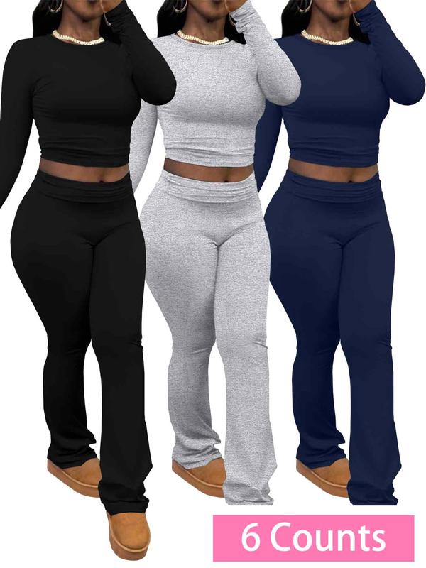 Women's Solid Long Sleeve Crop Tee & Flare Leg Pants Two-piece Set, Casual Round Neck Top & Bell Bottom Trousers for Spring & Fall, Women's Clothes for Daily Wear