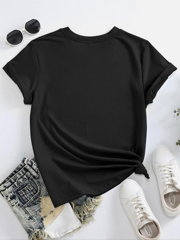 Women's Animal & Letter Print Drop Shoulder Tee, Casual Half Sleeve Round Neck T-shirt for Summer, Fashion Women's Top for Daily Wear Black Girl Outfits