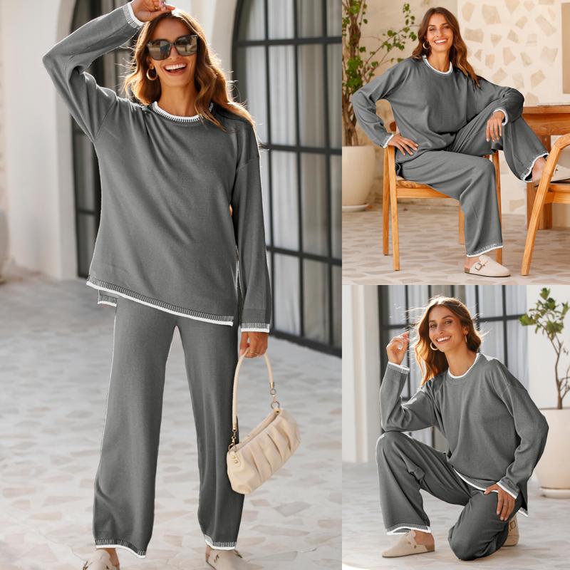 Tanming Women's 2 Piece Sweater Sets Outfits Long Sleeve Knit Pullover Tops Wide Leg Pants Lounge Sets Tracksuits