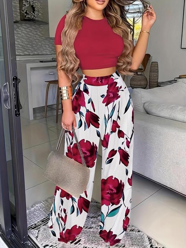 Women's Two-piece Set, 2 Counts Chic Plain Crop Tee & Plicated Wide Leg Pants Set, Back To School Two Piece Set Women, Co-ord Set Summer, Summer Clothes Women