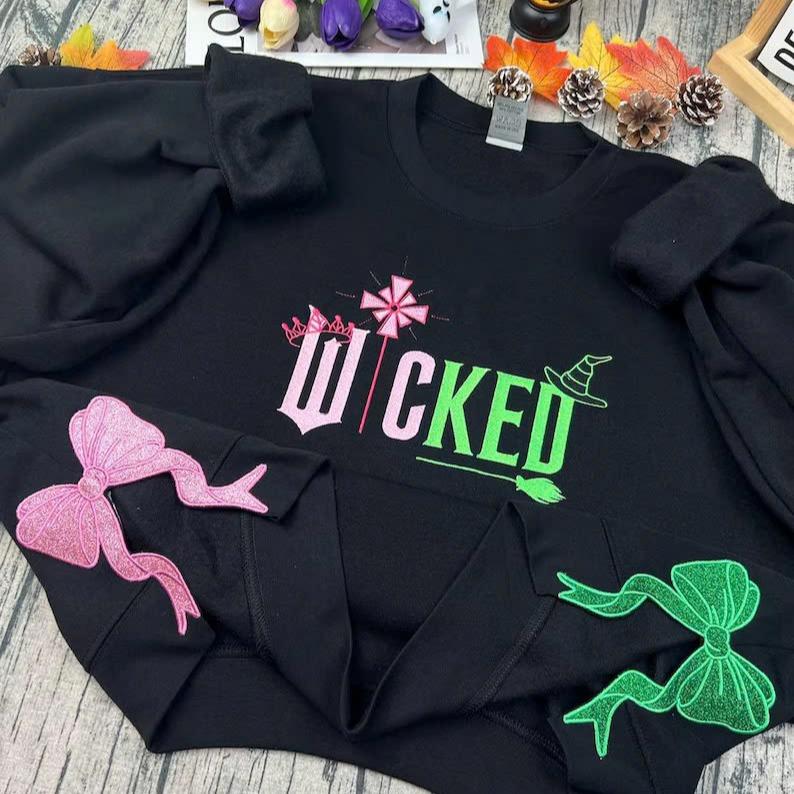 Wicked Defy Gravity Embroidered Sweatshirt, Defy Gravity Embroidered Sweatshirt with Side Bow, Wicked-Inspired Elphaba and Glinda Hoodie