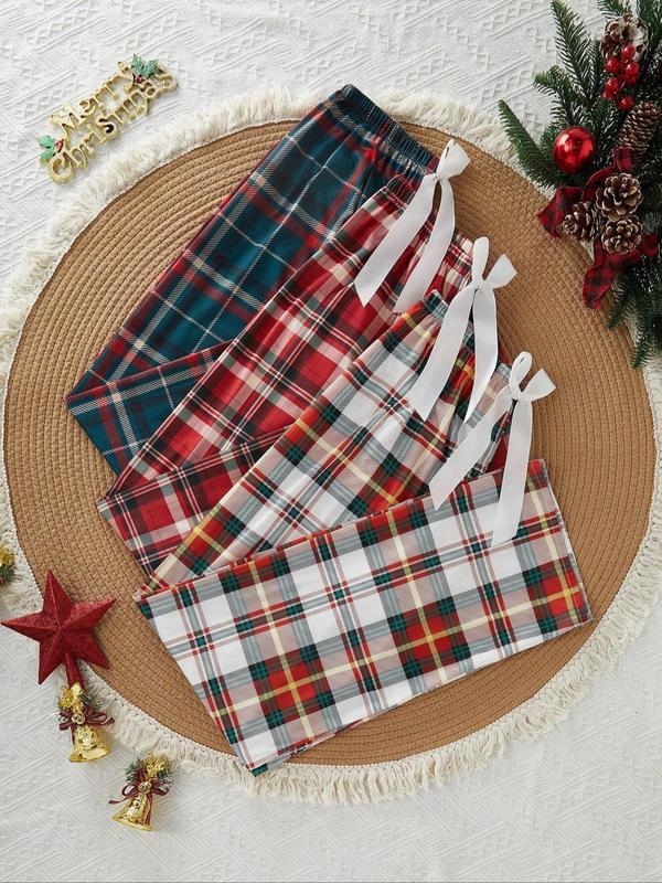 Women's Tartan Print Bow Front Pajama Pants, Casual Comfy Trousers for Daily Wear, Ladies Sleepwear for All Seasons