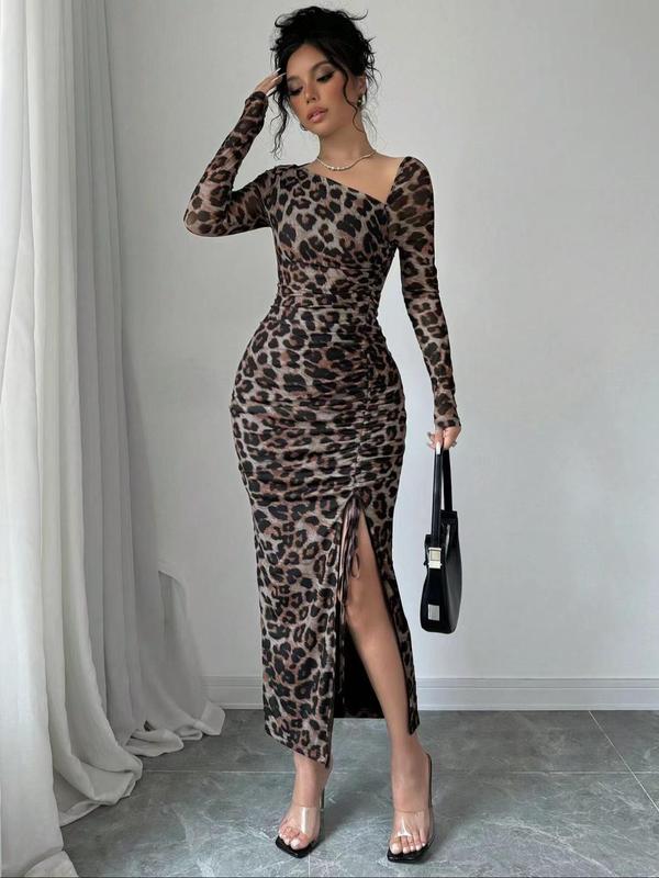 Women's Leopard Print Ruched Drawstring Split Thigh Bodycon Dress, Asymmetrical Neck Long Sleeve Dress for Party Club Dating Wear, Women's Clothing for Summer