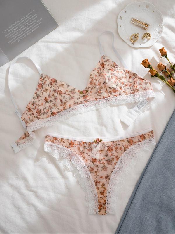 Women's Floral Print Appliques Contrast Lace Underwear Set, Soft Comfortable Wireless Bra & Knicker for Daily Wear, Lingerie Set for All Seasons