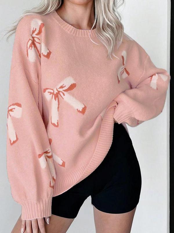 Women's Bow Print Drop Shoulder Sweater, Casual Long Sleeve Round Neck Jumper for Fall & Winter, Cute Sweaters, Fashion Ladies' Knitwear for Daily Wear