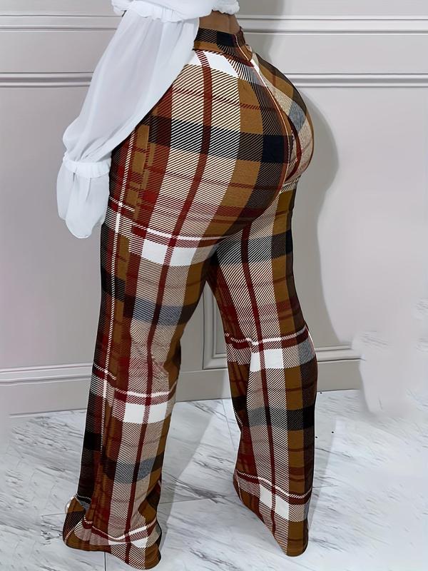 Plus Size Plaid Print Flare Leg Pants, Pants for Women, Going Out Bottoms, Elegant High Waist Trousers for Women, Women Plus Clothing for Spring & Fall, Downtown Girl Clothes