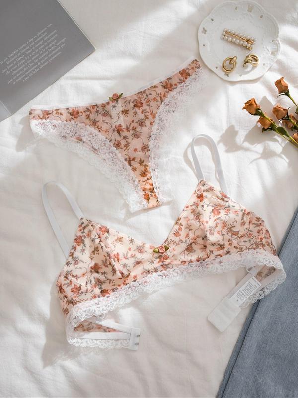 Women's Floral Print Appliques Contrast Lace Underwear Set, Soft Comfortable Wireless Bra & Knicker for Daily Wear, Lingerie Set for All Seasons