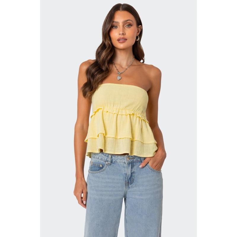 Linen Look Strapless Peplum Top