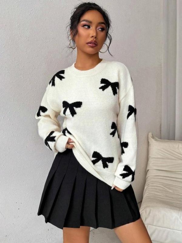  Bow Print Drop Shoulder Sweater, Casual Long Sleeve Round Neck Jumper for Fall & Winter, Women's Clothing for Daily Wear