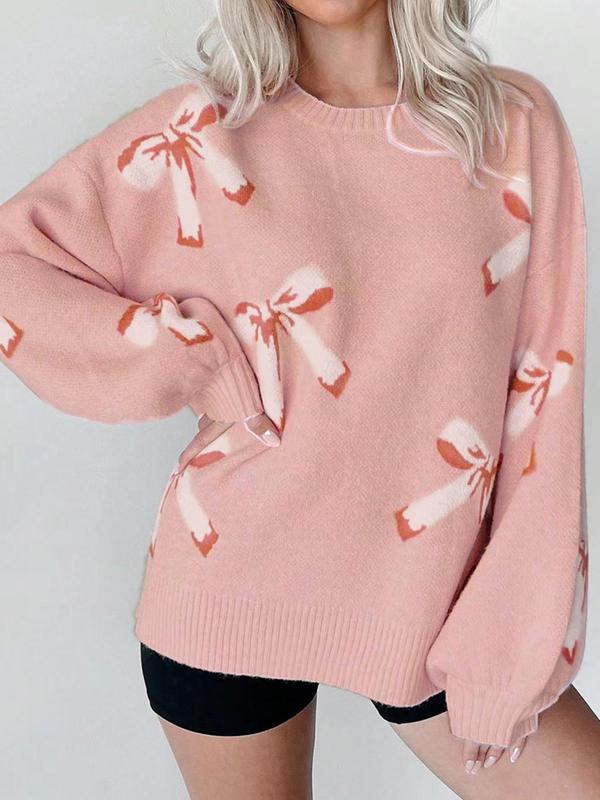 Women's Bow Print Drop Shoulder Sweater, Casual Long Sleeve Round Neck Jumper for Fall & Winter, Cute Sweaters, Fashion Ladies' Knitwear for Daily Wear